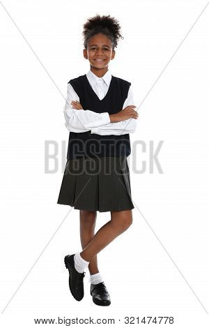 Happy African-american Girl In School Uniform On White Background