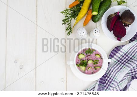 Cold Beet Soup With Cucumbers. Studio Photo