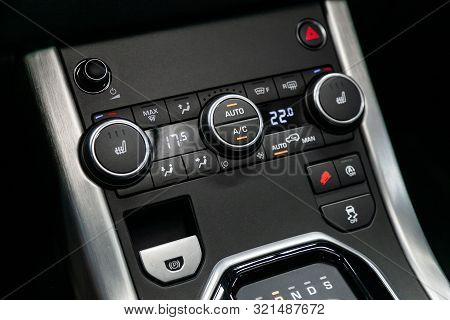 Novosibirsk, Russia - August 24, 2019:  Land Rover Range Rover Evoque,  Modern Black Car Interior: C