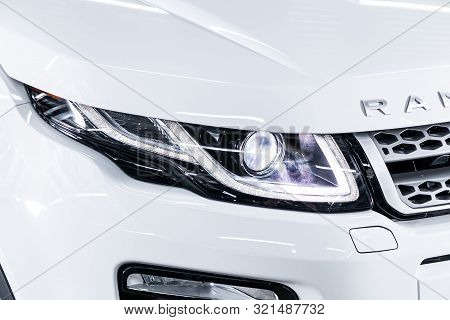 Novosibirsk, Russia - August 24, 2019:  Land Rover Range Rover Evoque,  Macro View Of Modern White C