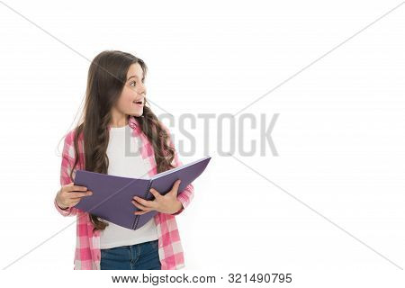 Writing Making Notes. School Routine. Educational Process. Little Girl With Writing Pad. Cute Small 