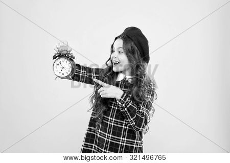 Girl With Alarm Clock. Set Up Alarm Clock. Child Little Girl Hold Red Clock. It Is Time. Always On T