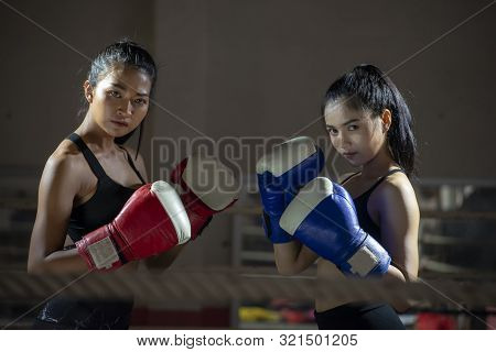 Muay Thai Woman And Healthy Concept.boxing Women Prepare To Trianing Session And Kickboxing,workout 