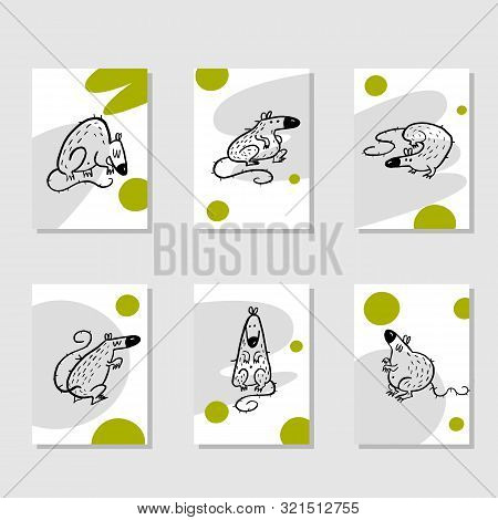 Set Of Funny Christmas Cards With Rats And Greetings, Made In Vector. Invitation, Poster. Symbol Of 
