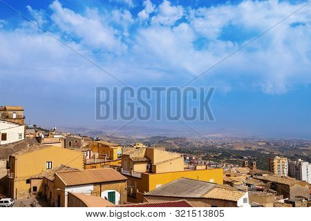 Breathtaking View Of City Agrigento, Island Sicily, Italy. Beautiful Roofs Of Houses, Agricultural F