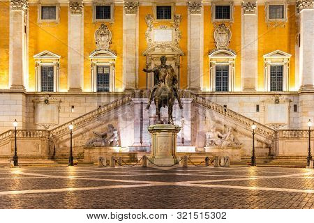 Piazza Del Campidoglio On Capitoline Hill By Night With Equestrian Statue Of Marcus Aurelius. Rome, 