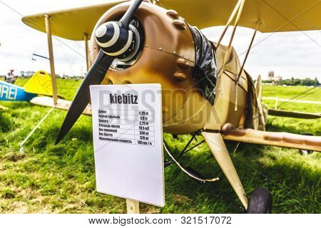 KALININGRAD, Russia - August 18, 2019: 100 Anniversary First European Airport Devau Fest, Ultra Light Propeller Screw Plane Ready for Flight