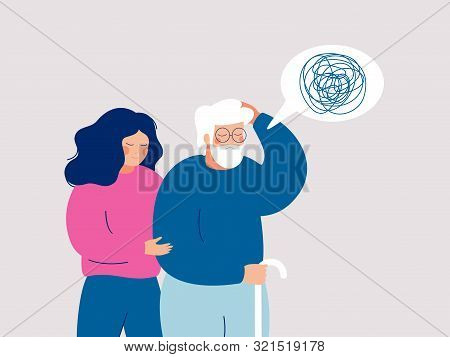 Young Female Volunteer Is Caring For An Elderly Person With Dementia.  Senior Person Leans On A Cane