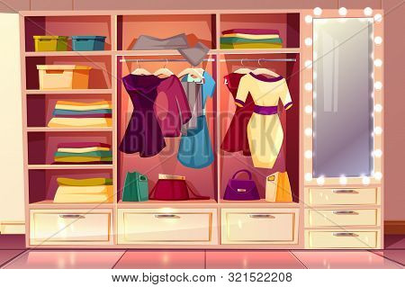 Cartoon Dressing Room Of A Woman. Wardrobe With Clothes, Hangers With Costumes And Big Illuminated M