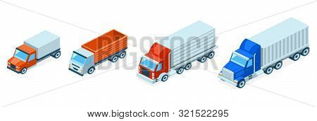 Set Of 3d Isometric Trucks, Multi-ton Vehicles. Cars With Cargo Isolated On White Background. Van, L