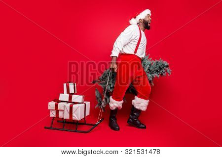 Full Body Profile Side Photo Of Crazy Bearded Santa Claus Scream Wow Omg Pull Sledge With Prsent Wea