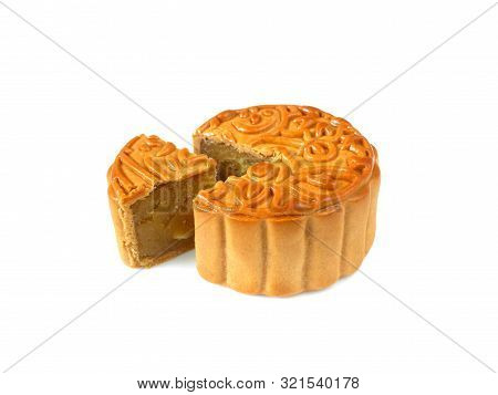 Mooncake With Durian Filling Isolated On White Background For Mid-autumn Festival Or Mooncake Festiv