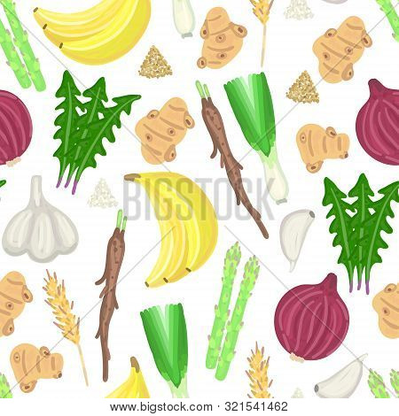 Seamless Pattern With Prebiotic Food. Nutrition. Nondigestible Fibers. Gastrointestinal Health. Heal