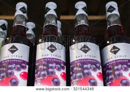 Tyumen, Russia-avg 25, 2019: Products Of Hypermarket Sale Rioba Syrup Beverages In The Store Metro C