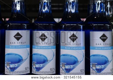 Tyumen, Russia-avg 25, 2019: Products Of Hypermarket Sale Rioba Syrup Beverages In The Store Metro C