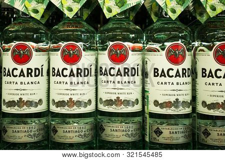 Tyumen, Russia-avg 25, 2019: Products Of Hypermarket Sale Bacardi Beverages In The Store Metro. Baca