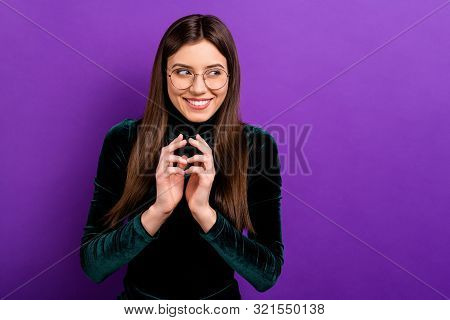 Portraitr Of Cute Childish Girl Having Thoughts Having Eyeglasses Eyewear Isolated Over Purple Viole