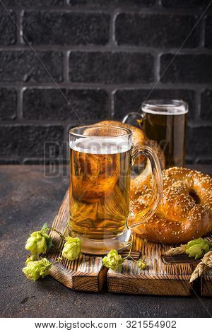 Beer And Pretzels. Oktoberfest Concept. Bavarian Festive Fod