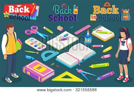 Bach To School Vector, Students And Books, Pencil And Ruler, Palette For Art Lessons. Boy And Girl S