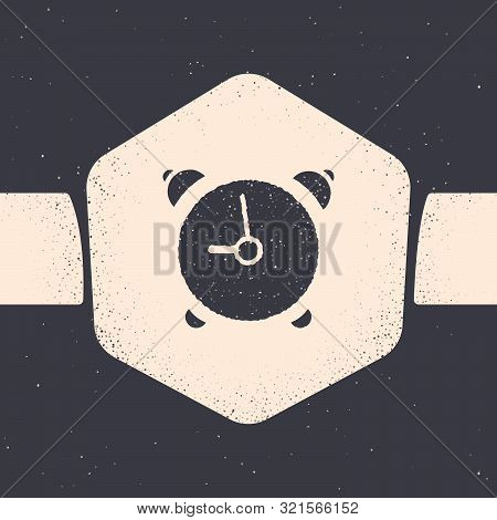 Grunge Alarm Clock Icon Isolated On Grey Background. Wake Up, Get Up Concept. Time Sign. Monochrome 