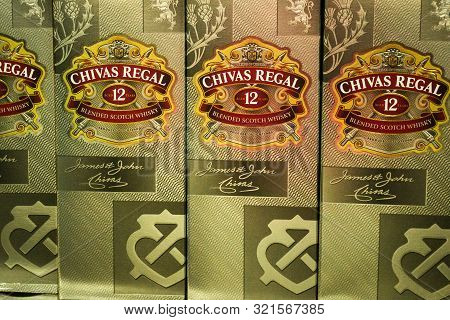 Tyumen, Russia-avg 25, 2019: Products Of Hypermarket Sale Chivas Regal Beverages In The Store Metro 