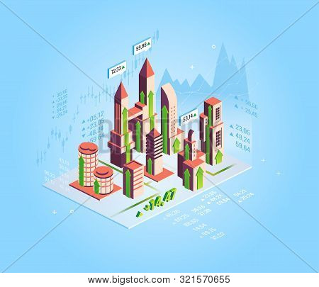 Real Estate Growth Concept. Isometrict Business City, Buildings, Real Estate Market Growth Skyscrape