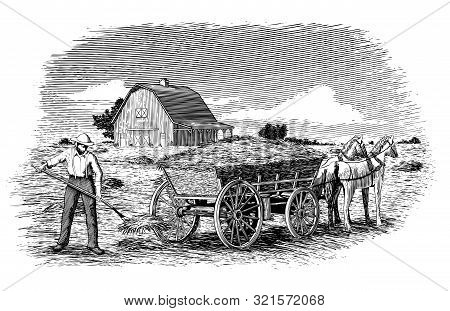 Woodcut-style Illustration Of A Man Loading Hay On To A Horse-drawn Card With A Barn In The Backgrou