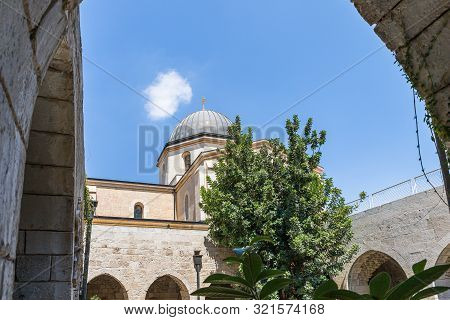 Jerusalem, Israel, September 07, 2019 : The Courtyard Of The Lutheran Church Of The Redeemer On Muri