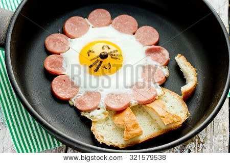 Fun Idea For Kids Breakfast - Fried Egg With Sausage And Toast Shaped Cute Lion