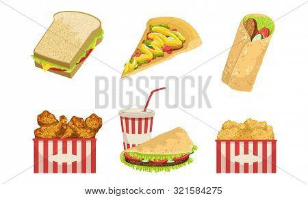 Collection Of Fast Food, Takeaway Street Food Dishes, Sandwich, Pizza, Shawarma, Fried Chicken Legs,