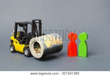 Yellow Forklift Truckcarries A Large Bundle Of Euros, A Customer And Seller. Investments, Preferenti