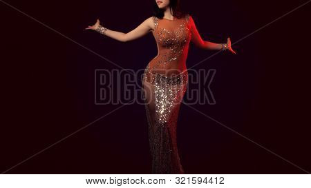 The Body Of A Beautiful Girl In A Bead Costume For Belly Dance On A Black Background. Sexy Woman Dan