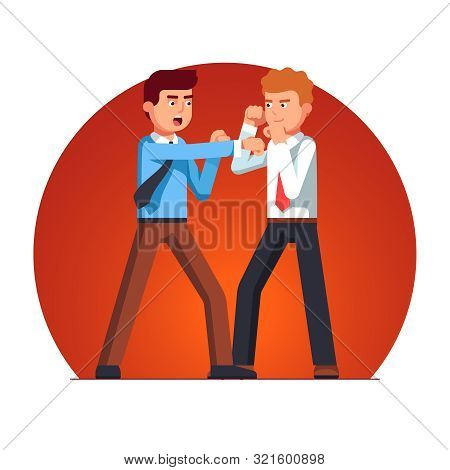 Two Business Man Fight Having Argument. Managers Yelling Attack With Fist Punch And Blocking