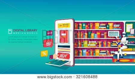 Online Digital Library Shopping Concept With A Colorful Vector Design, Showing A Card Machine And Pu
