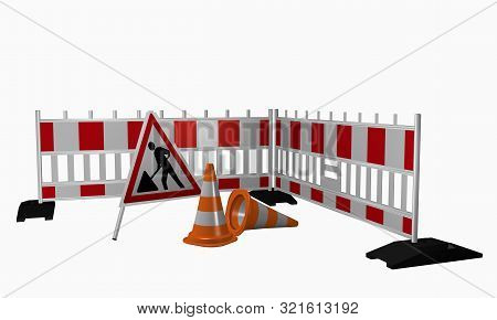 Shut-off, Set-up And Traffic Cone For A Construction Site. 3d Rendering