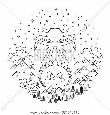Ufo Stealing Dinosaur. Mountain And Hils, River And Forest Landscape On White Background. Hight Sky.