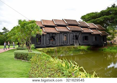 Kanchanaburi, Thailand, 09.09.2019: Beautiful Garden, Lake, Traditional Thai, Siamese Clothes, Build