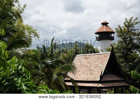 Kanchanaburi, Thailand, 09.09.2019: Beautiful Garden, Lake, Traditional Thai, Siamese Clothes, Build