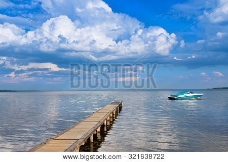Panoramic Sky Over Naroch Lake And Pier. Belorussia