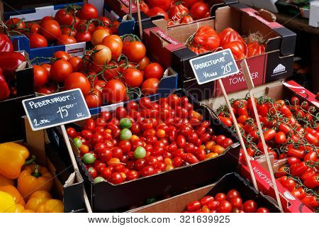 Copenhagen, Denmark - September 4, 2019: Market Stall With Tomatos Outside Torvehallerne Market Near