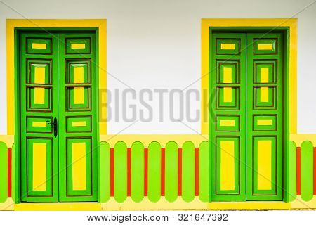 View On Colorful Door Of Colonial Building In The City Of Filandia, Colombia