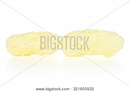 Group Of Two Whole Salted Yellow Corn Puff Isolated On White Background