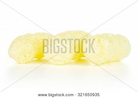 Group Of Three Whole Salted Yellow Corn Puff Isolated On White Background