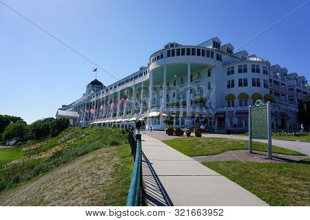Mackinac Island, Michigan / United States - June 11, 2018: The Historic Grand Hotel Offers Luxury Ac