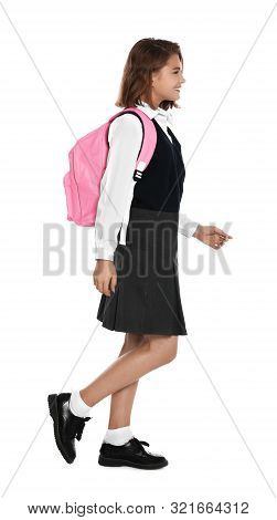 Happy Girl In School Uniform On White Background