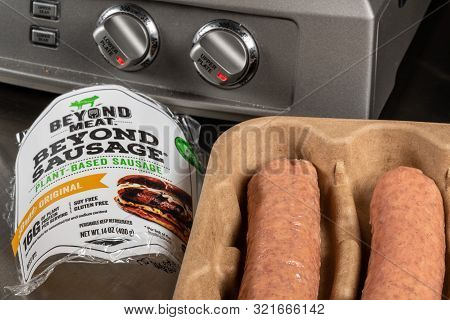 Morgantown, Wv - 11 September 2019: Beyond Meat Beyond Plant-based Sausages Ready For The Griddle