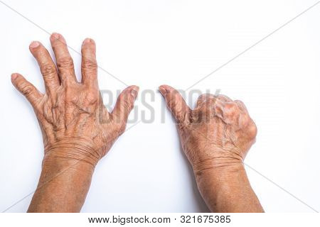 Senior Woman's Hands  Counting 6 Isolated On White Background, Numbers 1-10 In Sign Language Concept