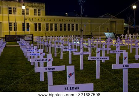 Masterton, Wairarapa / New Zealand - April 19, 2016  Crosses Lined Up On The Town Hall Lawn Ready Fo