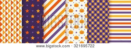 Halloween Seamless Pattern. Haloween Textile Print. Vector. Geometric Background With Pumpkin Face, 