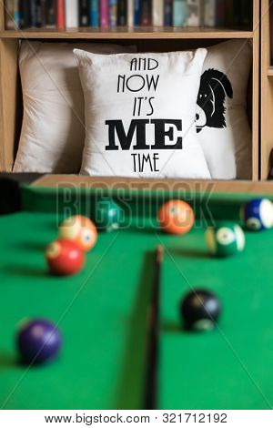 Itâs me time snooker table and pillows in a shelf full with books